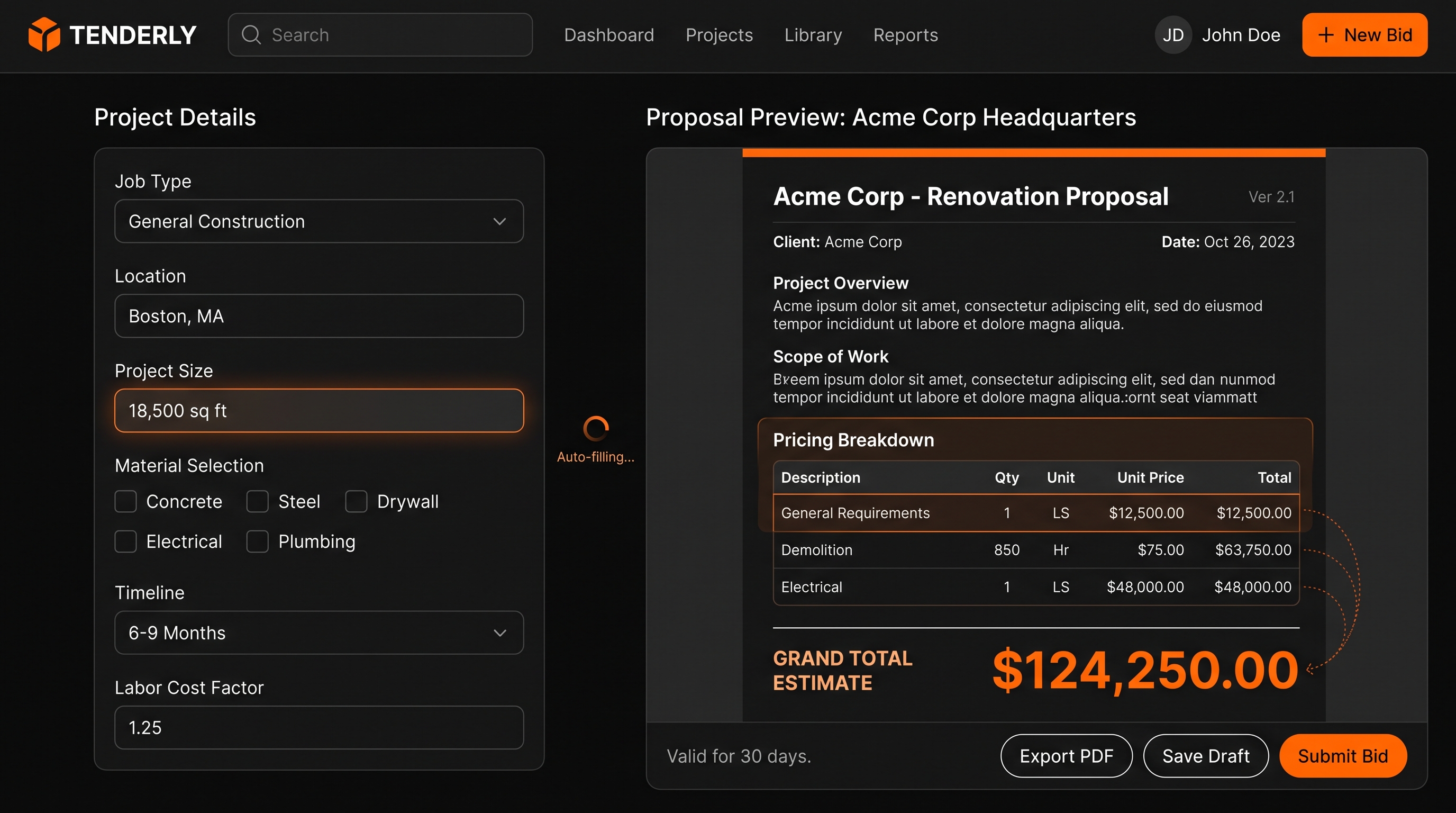 Tendering product screenshot